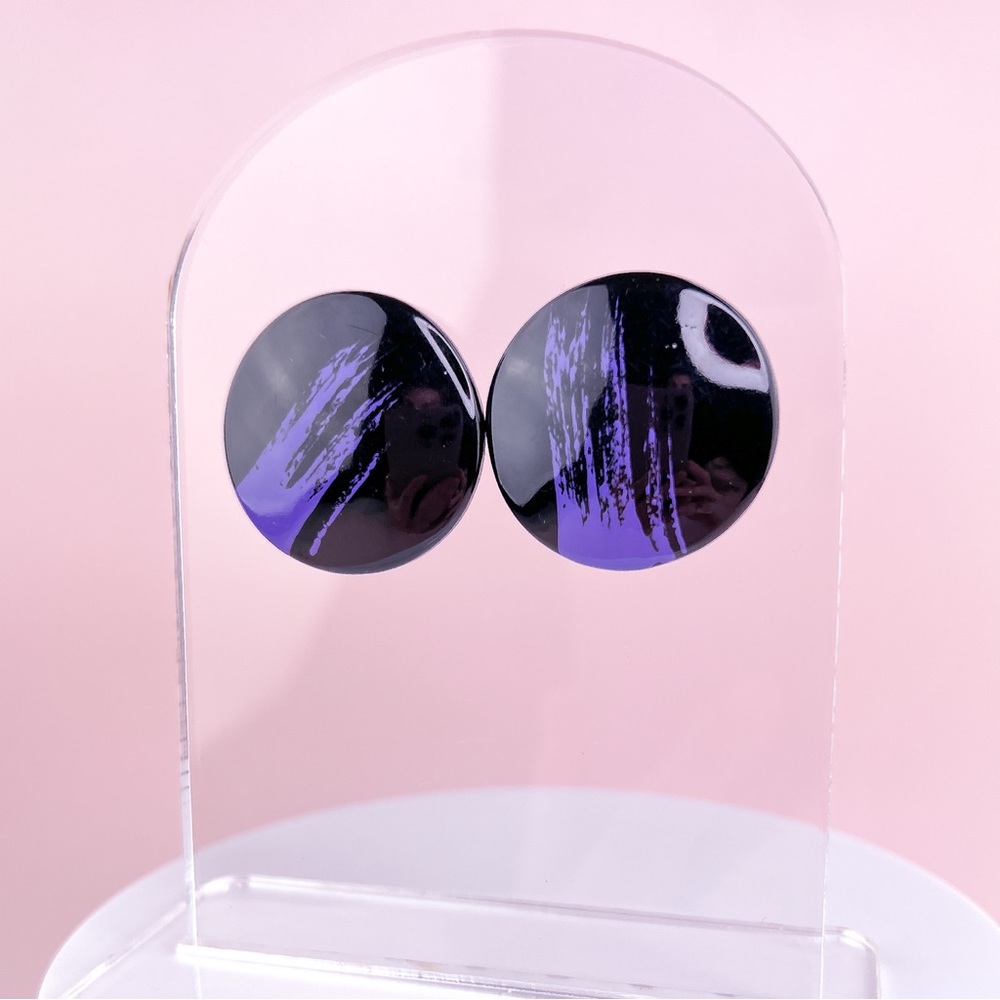 Vintage 80s Black with Purple Design Statement Stud Earrings